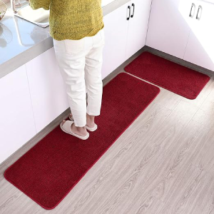 ITSOFT 2pc Non-Slip Kitchen Dirt Trapper Rug Runner Set, Absorbent Shoe Scraper, Machine Washable (59″ x 17.5″ + 29.5″ x 17.5″) (Red & Black)