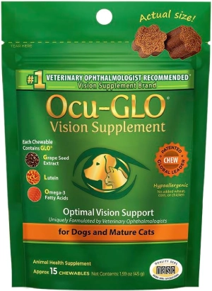 Ocu-GLO Cat & Dog Senior Supplement for Eye Support – Chewable Vision Vitamins Supplements for Large and Small Pets Care with Lutein, Omega-3 Fatty Acids, Grape Seed Extract & Antioxidants