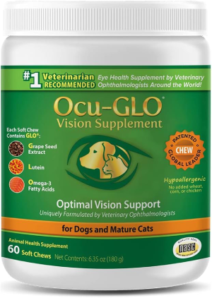 Ocu-GLO Cat & Dog Senior Supplement for Eye Support – Chewable Vision Vitamins Supplements for Large and Small Pets Care with Lutein, Omega-3 Fatty Acids, Grape Seed Extract & Antioxidants