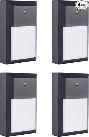 LED Outdoor Wall Pack Lantern Dusk to Dawn Photocell, Waterproof Light for Porch, Garage, Stairwall, Hallway, 12W 1000 LM 5000K, Aluminum Housing Plus PC Cover, Black, 4-Pack