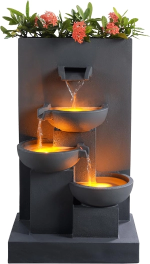 Teamson Home 29.13 in. 3-Tier Cascading Outdoor Water Fountain with Planter, LED Lights for Gardens, Landscaping, Patios, Balconies, Lawns, Matte Gray
