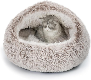 CATISM Cat Bed, Plush Hooded Cat Beds for Indoor Cats, Calming & Self Warming Cat Bed Cave, Cozy for Indoor Cat or Small Dog Bed, Removable & Washable with Non-Slip Bottom, Coffee (24 Inches)