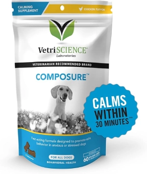 VetriScience Composure Calming Chews for Dogs – Clinically Proven Dog Anxiety Relief Supplement with Colostrum, L-Theanine & Vitamin B1 for Stress, Storms, Separation & More – 60 Count, Chicken Flavor