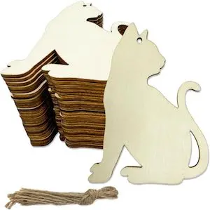 30pcs Unfinished Cat Wood DIY Crafts Cutouts Wooden Cat Shape Cutouts Blank Hanging Ornaments for Pets Themed Birthday Halloween Christmas Party Decoration