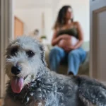 Fig 1. Close up of dog with seated pregnant woman in the back ground.