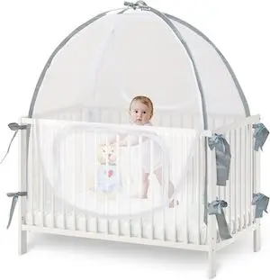 Baby Crib Tent Safety Net, Durable Strong Self-Locking Zippers, Protects from Climbing Out and, Insects, Mosquitoes, Installs with Rods (Crib 52.25″ – 28.25″)