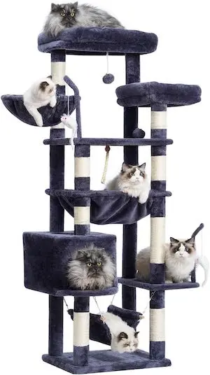 Cat Tree, Cat Tower for Large Cats with 2 Big Platforms, 2 Baskets, condo and Toys, 63″ Cat Scratching Posts for Indoor Cats, Smoky Gray GCT020G