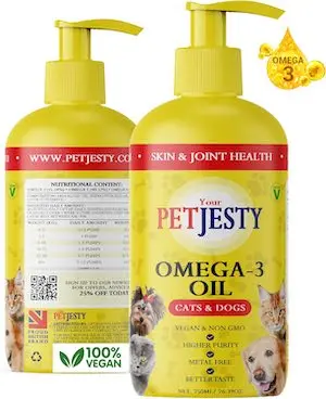 PetJesty Pure Omega 3 Oil for Dogs & Cats 26.39oz – Omega 3 Skin & Coat Support- Liquid Food Supplement for Pets – Vegan pet + DHA for Joint Function, Immune & Heart Health, Non Fish Oil Dog and Cat